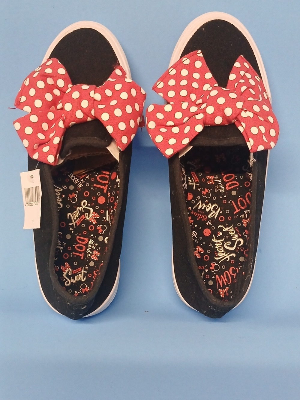 Disney Minnie Mouse Women's Black Slip-On Sneakers w/Red Polka Dot Bow Size 9